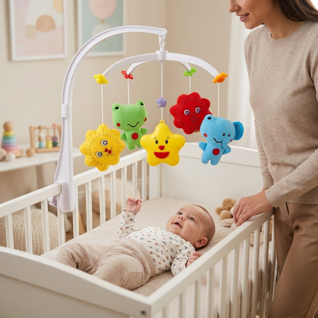 Vrteška za krevetac plišana iznad bebe u prijatnoj pedijatrijskoj čekaonici