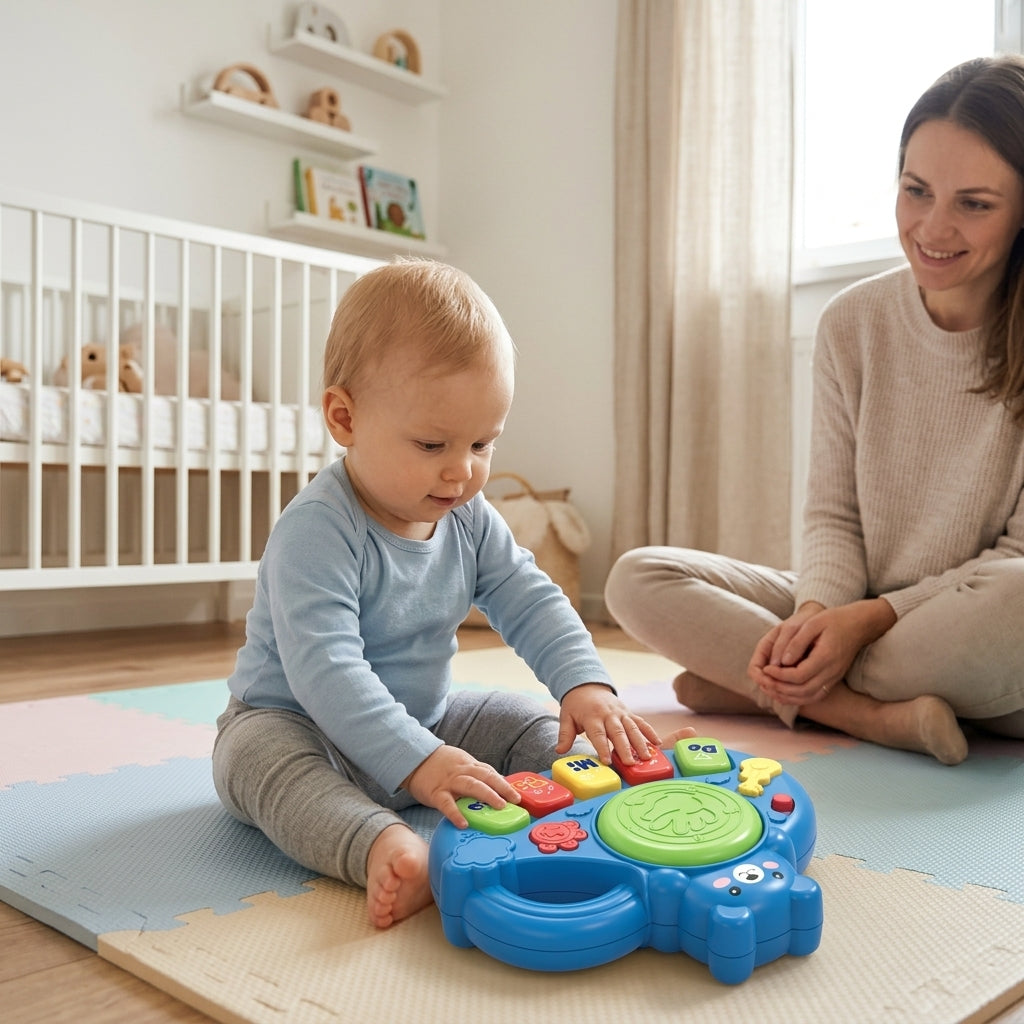 Piano meda na prostirci dok beba svira u dečijoj sobi