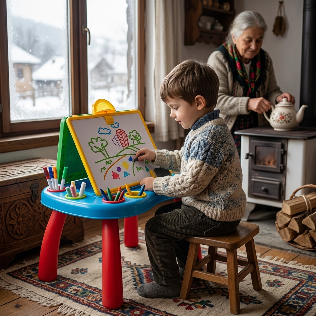 Sto i tabla 2 u 1 za crtanje i učenje u prijatnoj sobi seoske kuće tokom zime