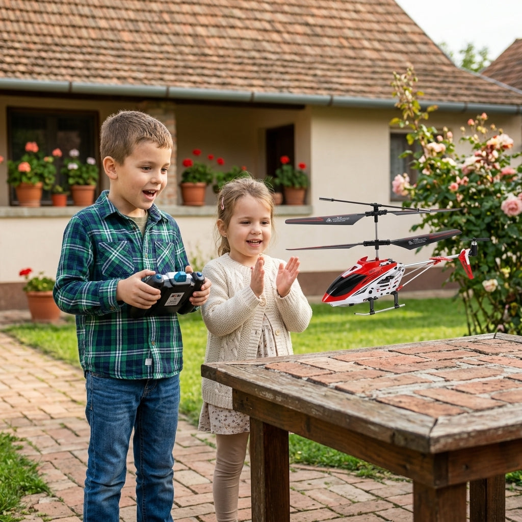 Helikopter na daljinski crveni spreman za poletanje sa stola u seoskom dvorištu