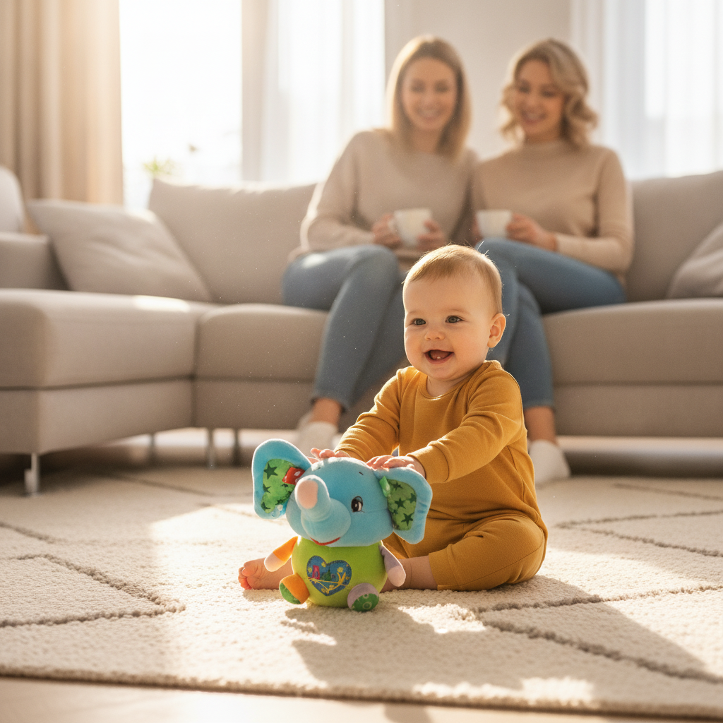 Roli poli igračka za bebe u obliku plavog slončeta dok se beba igra na tepihu u dnevnoj sobi