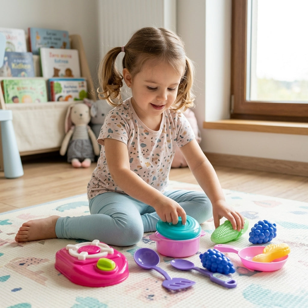 Dečja kuhinja set 34 cm u dečjoj sobi na tepihu za igru