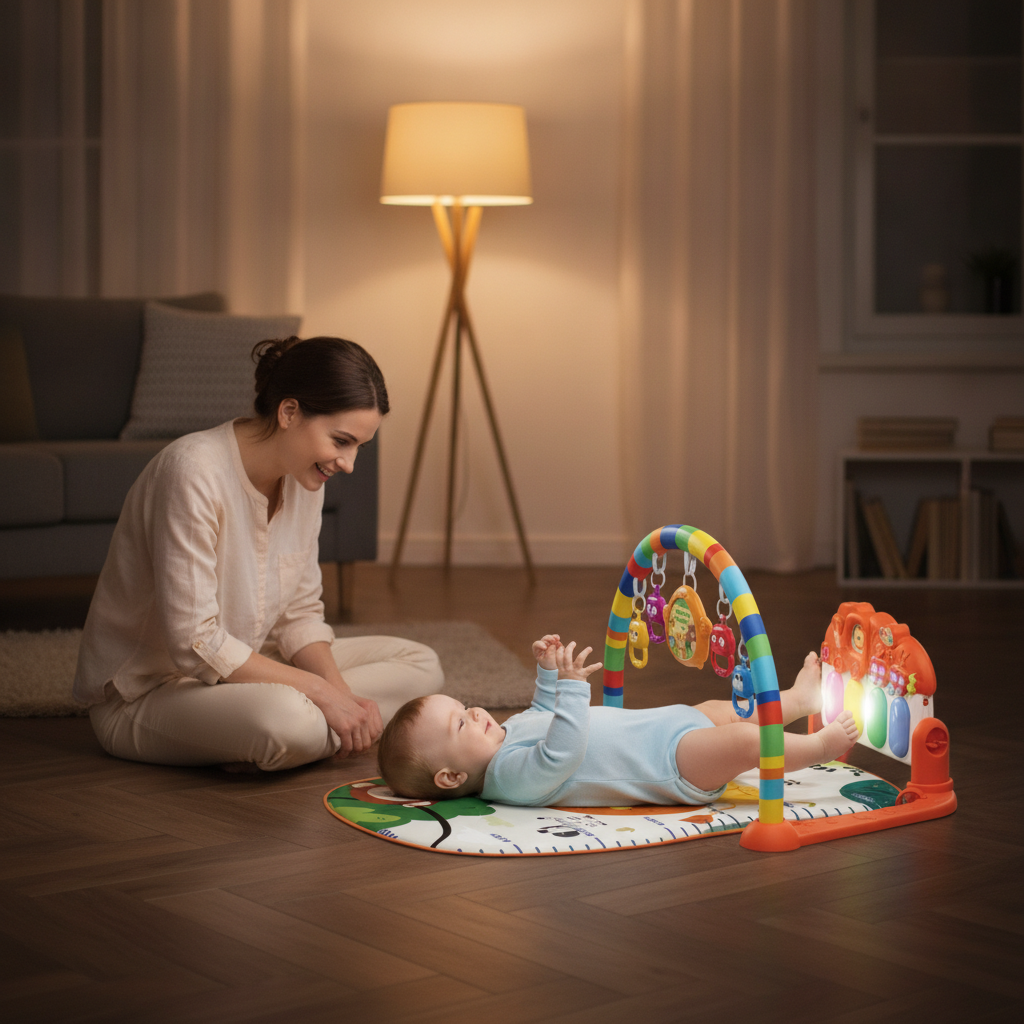 Piano podloga lav sa bebom koja nožicama svira na klaviru u dnevnoj sobi