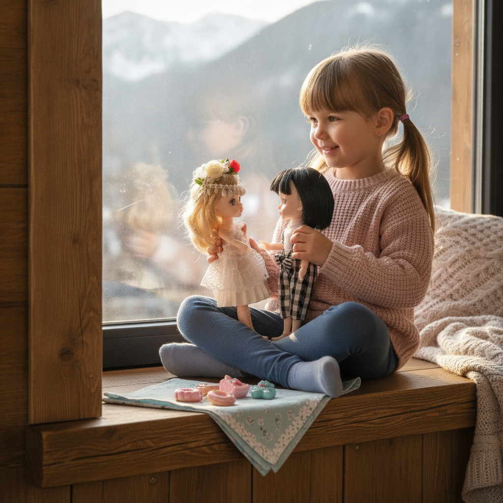 Lutka set sa slatkišima - devojčica na prozorskoj dasci u brvnari sa dve mini lutke i slatkišima