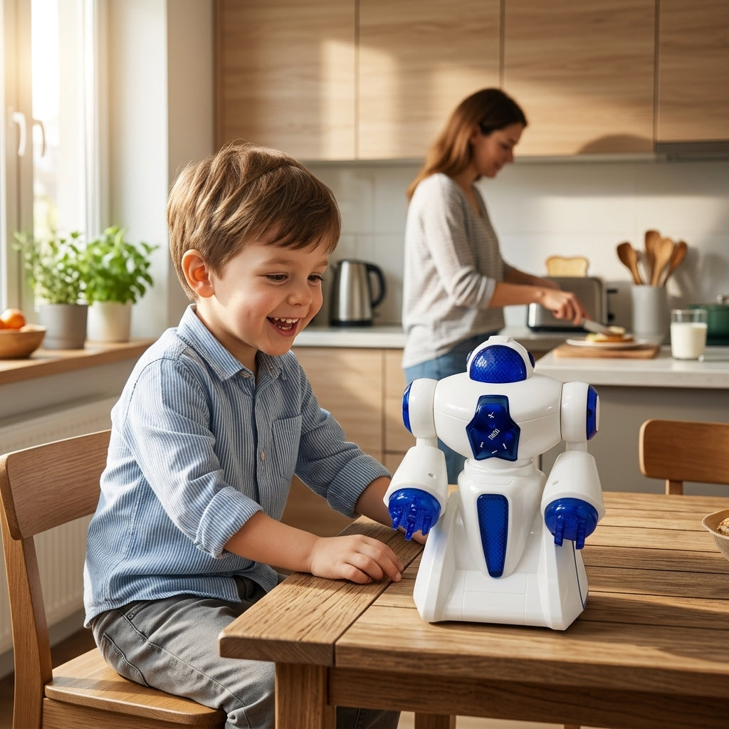 Igračka robot miks na kuhinjskom stolu dok se četvorogodišnji dečak radosno igra