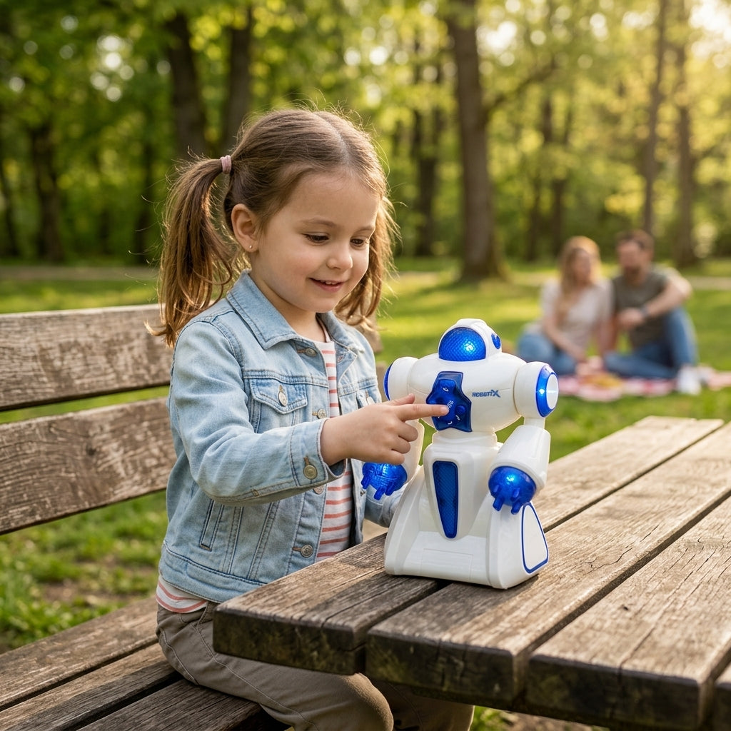 Igračka robot miks na drvenom stolu u parku tokom porodičnog vikend izleta
