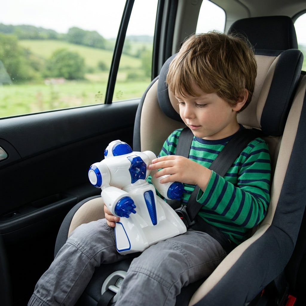 Igračka robot miks u krilu dečaka u dečijem auto-sedištu tokom putovanja automobilom