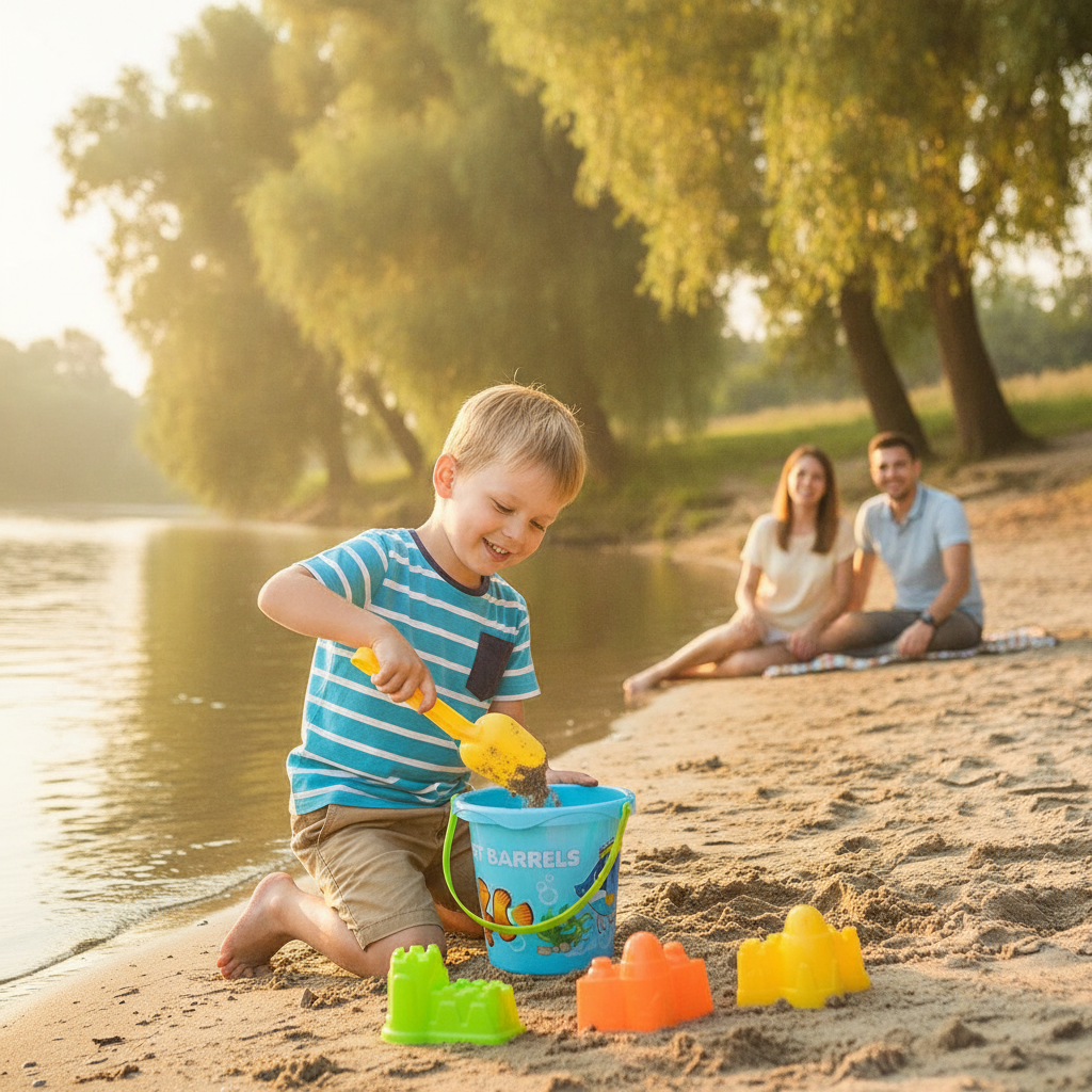 Kantica za plažu u plavoj boji sa modlicama pored reke tokom jutarnjeg piknika