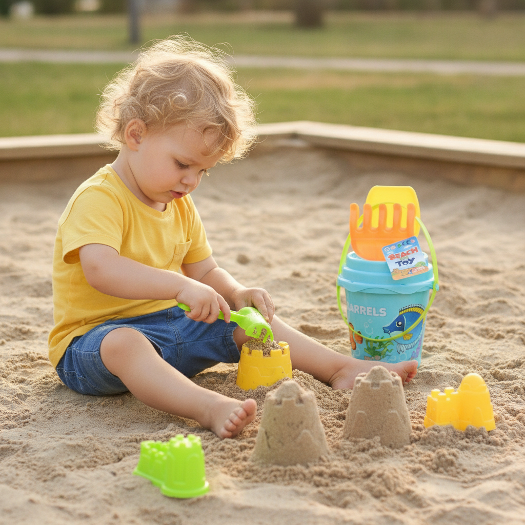 Kantica za plažu i šarene plastične modlice u peščaniku dok se dete samostalno igra
