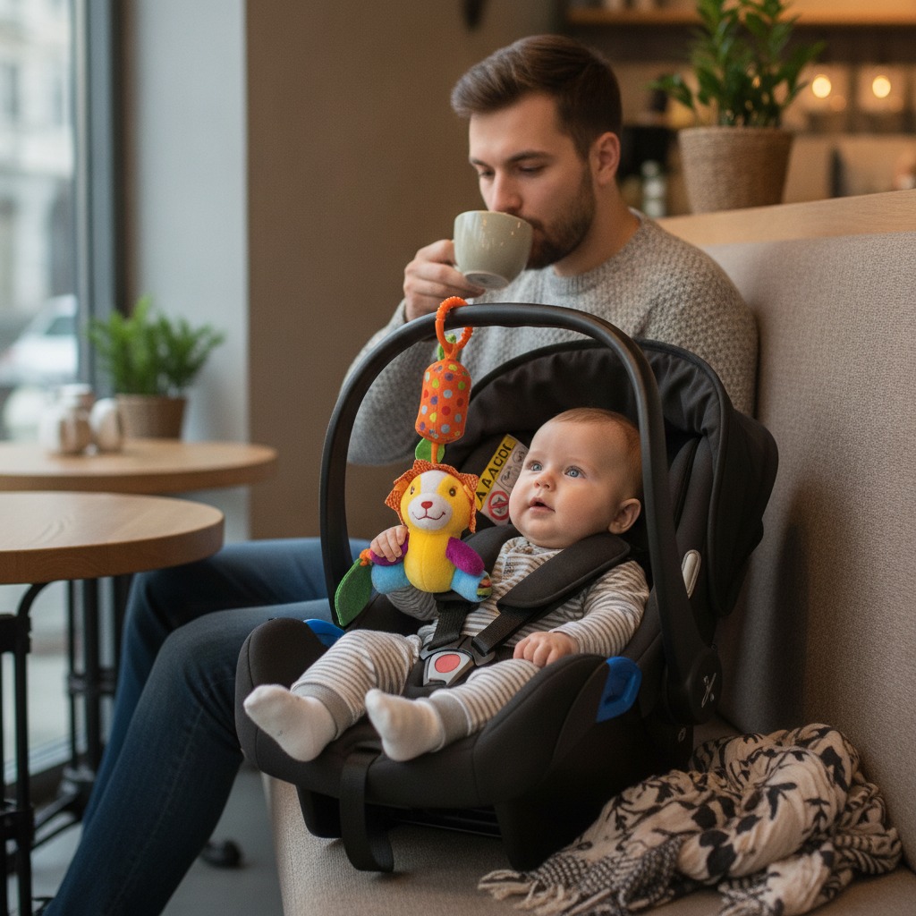 Zvečka za kolica sa zvukom zakačena za ručku bebi autosedišta u kafiću