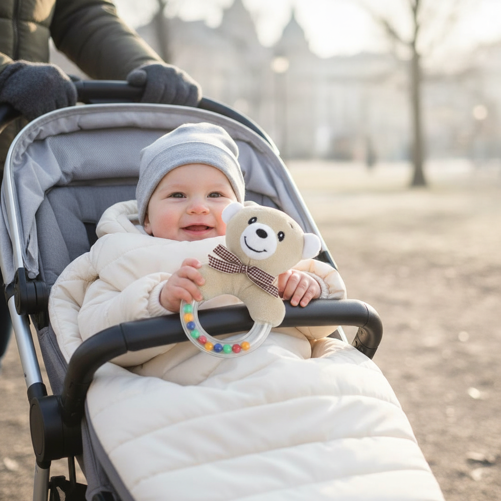 Plišana zvečka za kolica u rukama bebe tokom šetnje u kolicima