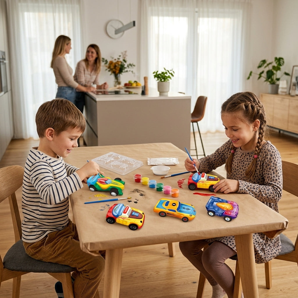 Kreativni set 3D magneti autići koje deca pažljivo boje za stolom