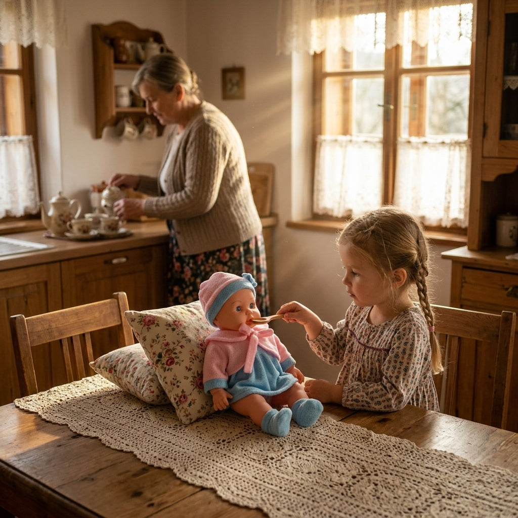 Lutka beba u plavom odelu sa maramom naslonjena na jastuče dok je devojčica hrani u kući kod bake