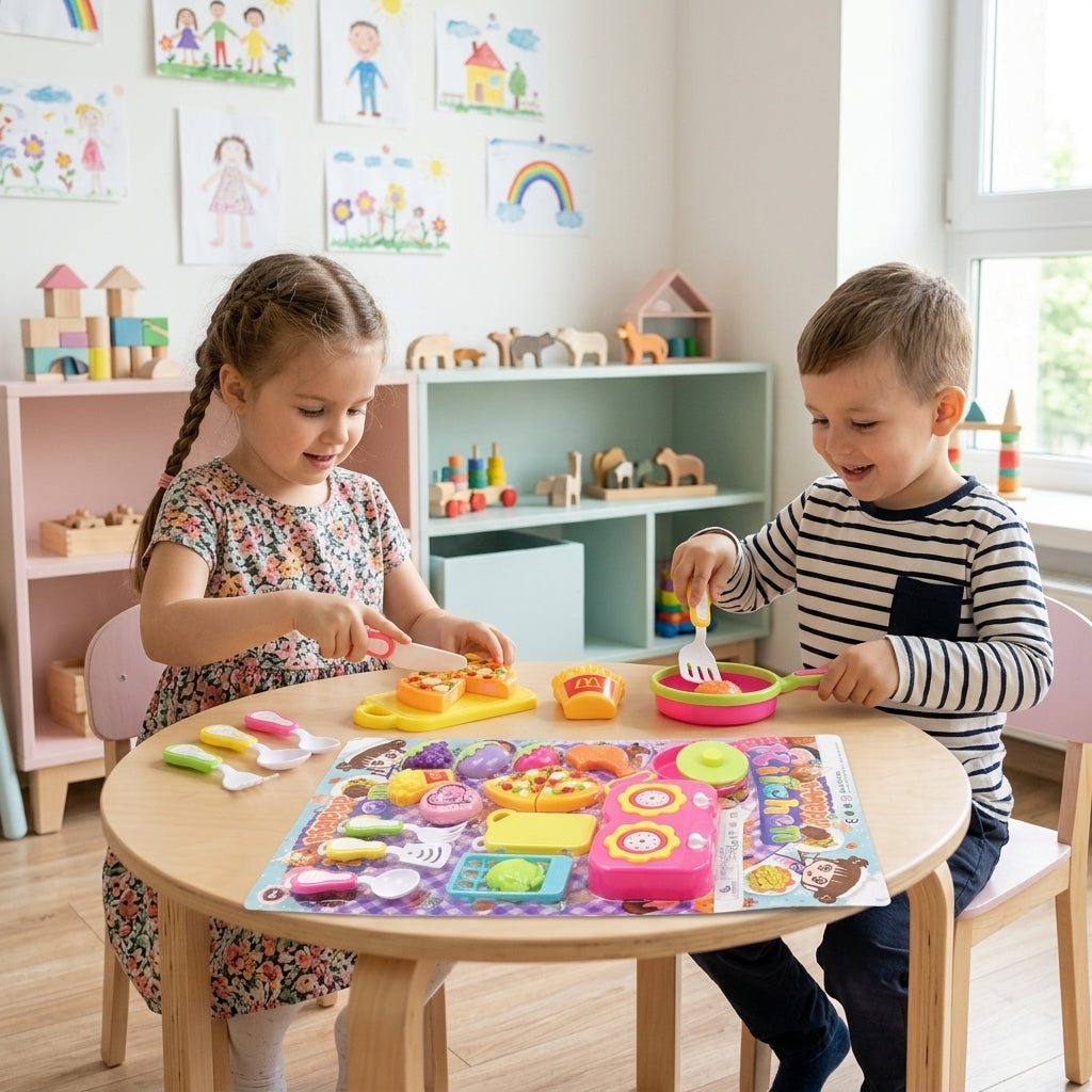 Set igračke hrane veliki na stolu u vrtiću gde deca pripremaju igračku hranu