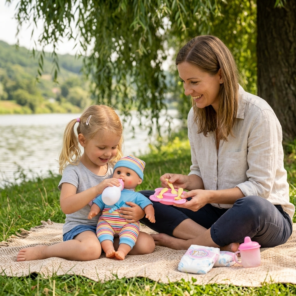 Lutka set veliki na piknik ćebetu pored reke dok se devojčica i mama igraju