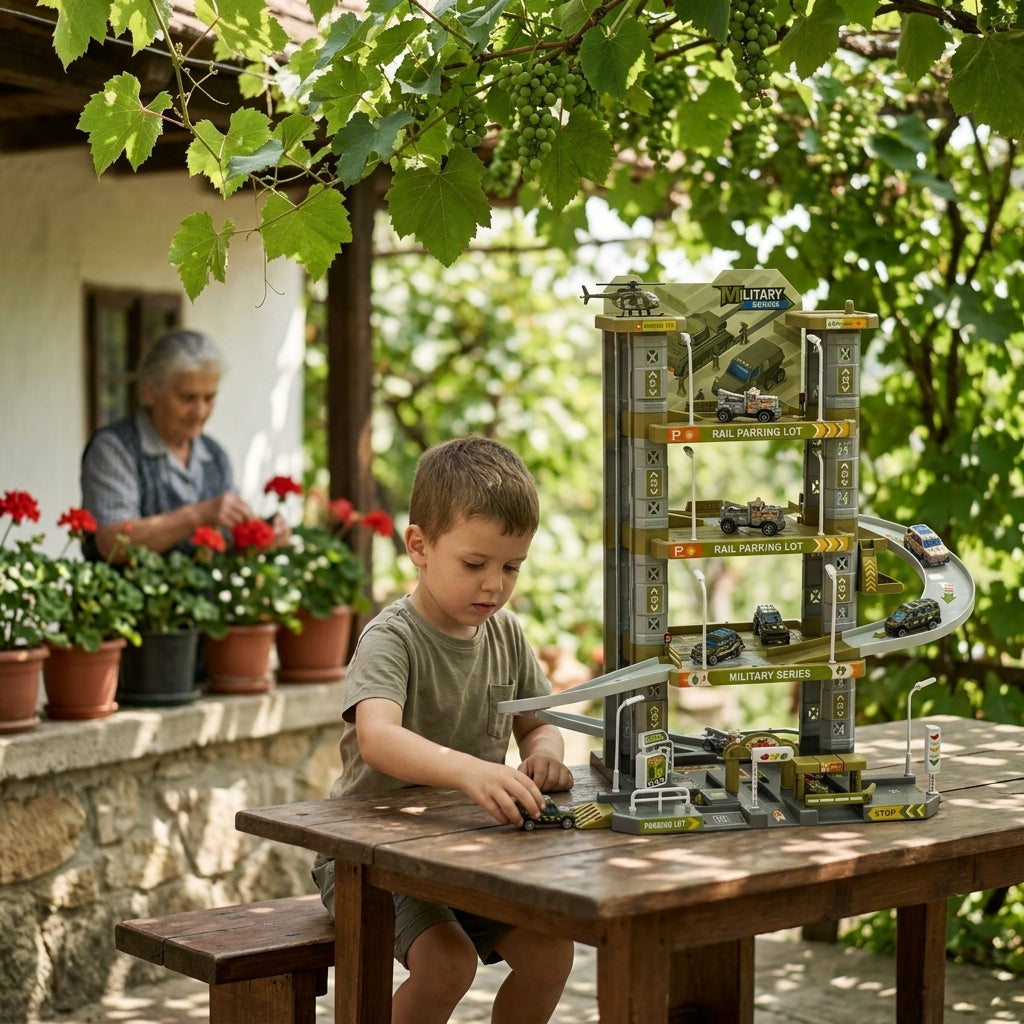 Igračka garaža spiralna sa liftom na stolu terase seoske kuće