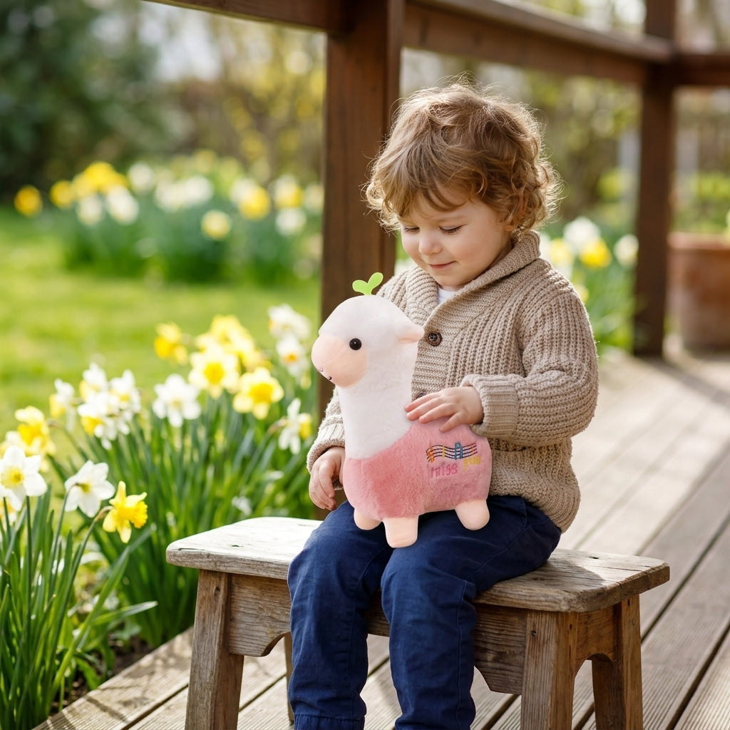 Plišana alpaka roze boje na krilu deteta na tremu kuće