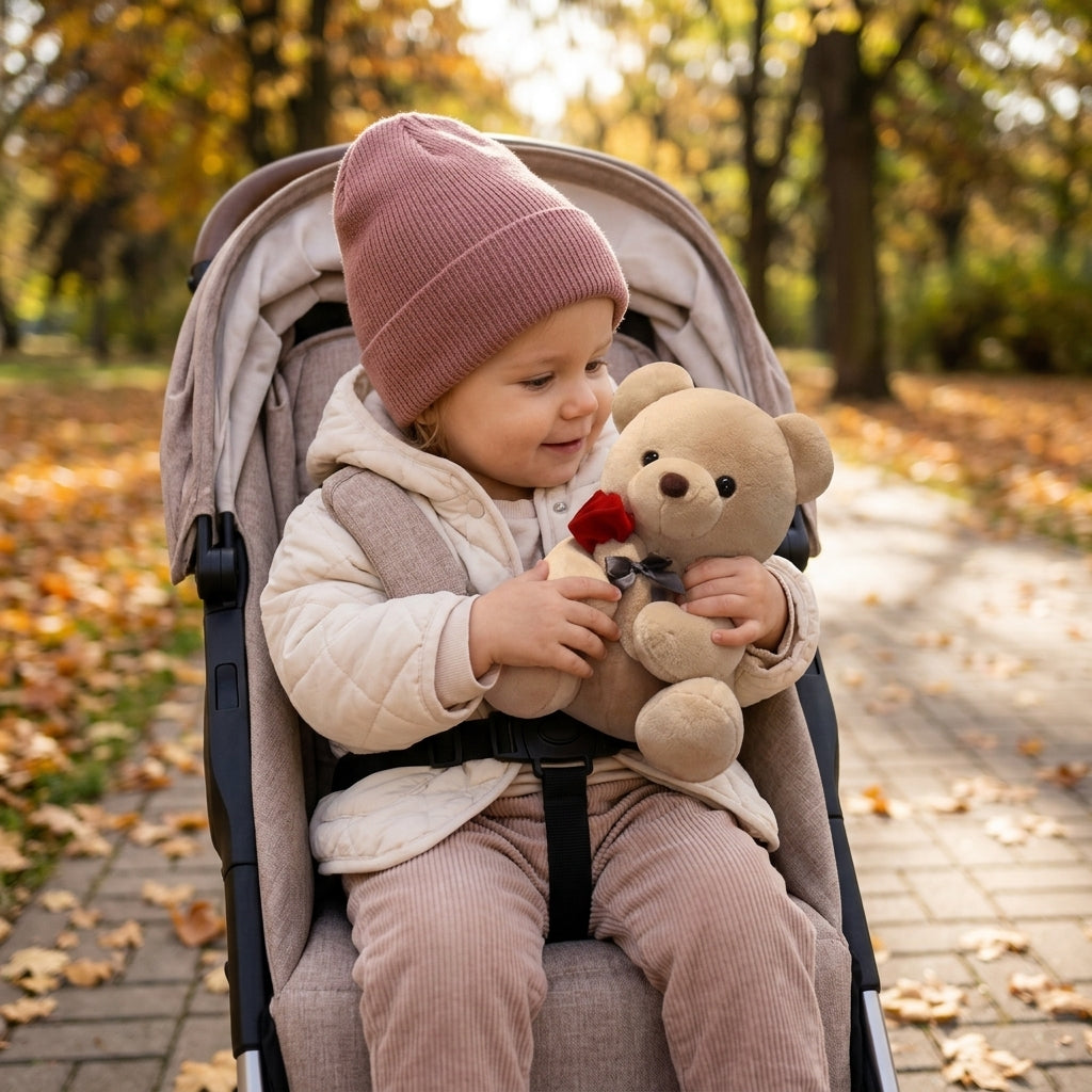 Plišani meda u rukama devojčice u kolicima tokom jesenje šetnje
