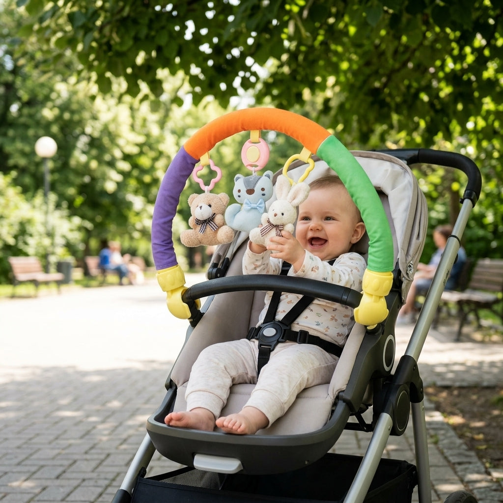 Bebi obruč pričvršćen na kolica u parku tokom letnjeg izleta
