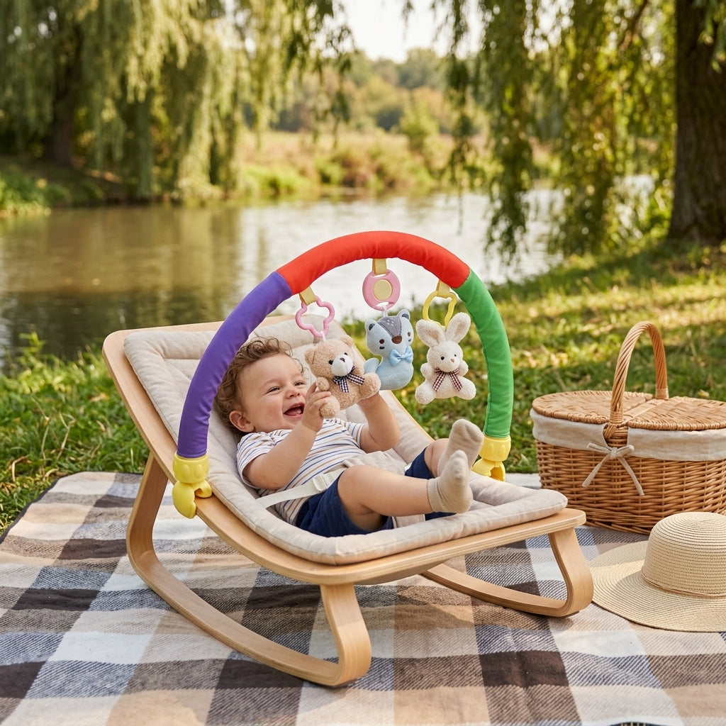 Bebi obruč montiran iznad ležaljke na piknik prostirci pored reke