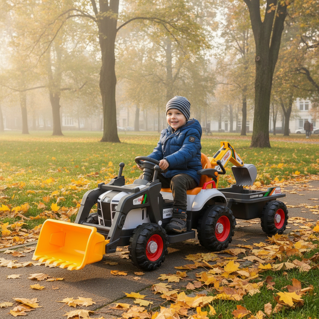 Traktor na akumulator sa dve kašike vozi dečak kroz gradski park u jesen