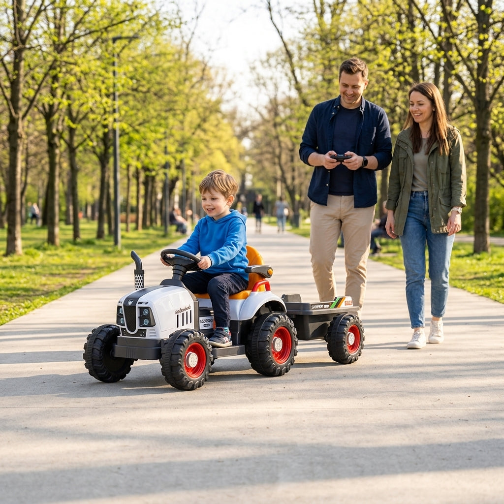 Traktor na akumulator — dete vozi traktor u parku dok mama i tata šetaju pored