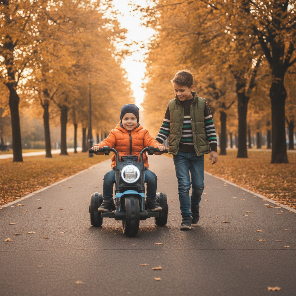 Motor na akumulator koji dečak vozi po stazi u parku u jesen