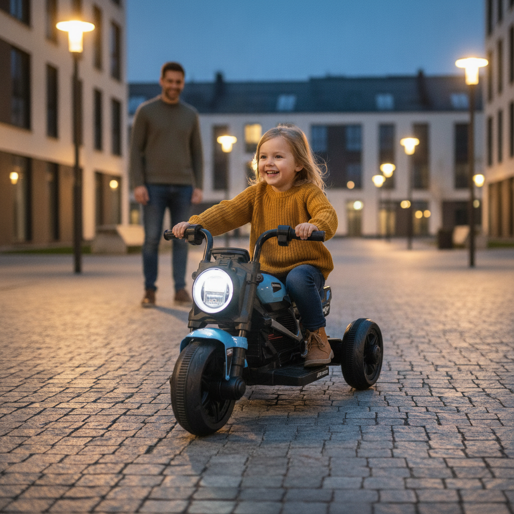 Motor na akumulator na popločanom platou u sumrak pod toplim lampionima