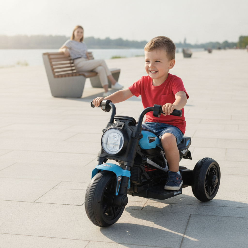 Motor na akumulator u vožnji duž rečnog šetališta na sunčanom danu