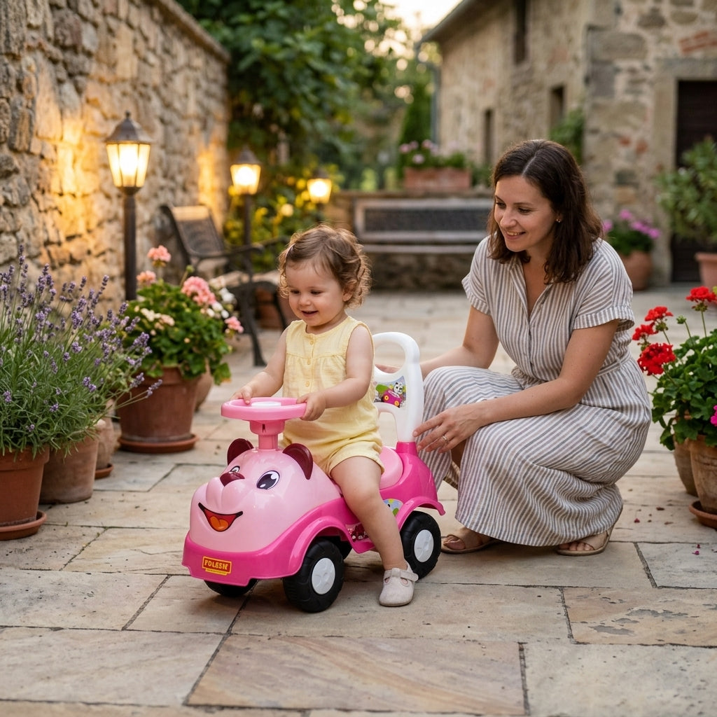 Guralica prase roze u letnjem dvorištu u sumrak sa devojčicom koja uči da se odguruje