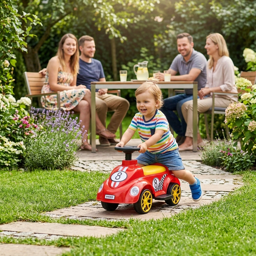 Guralica sa ručkom za decu u dvorištu dok se dete samostalno odguruje nogama