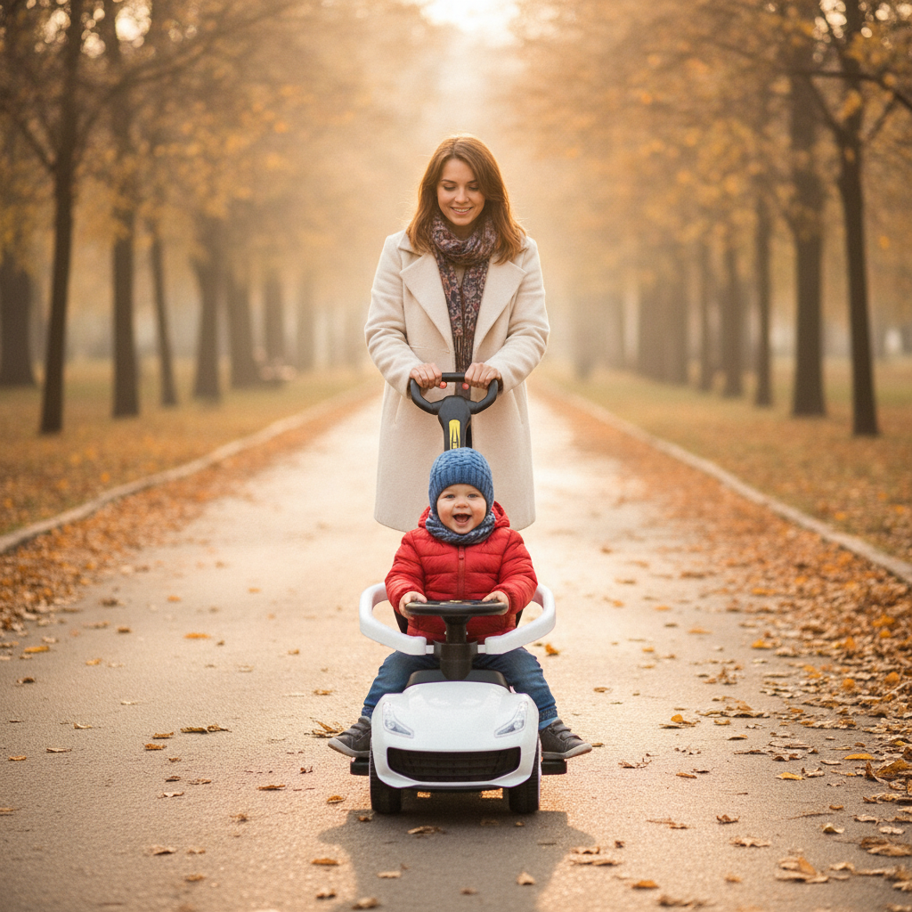 Auto guralica bela koju mama gura kroz park u jesen