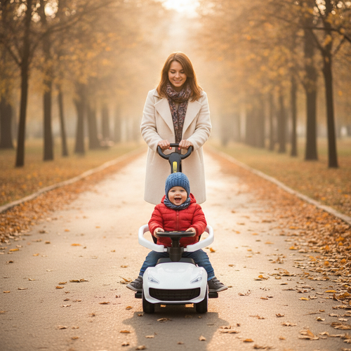 Auto guralica bela koju mama gura kroz park u jesen