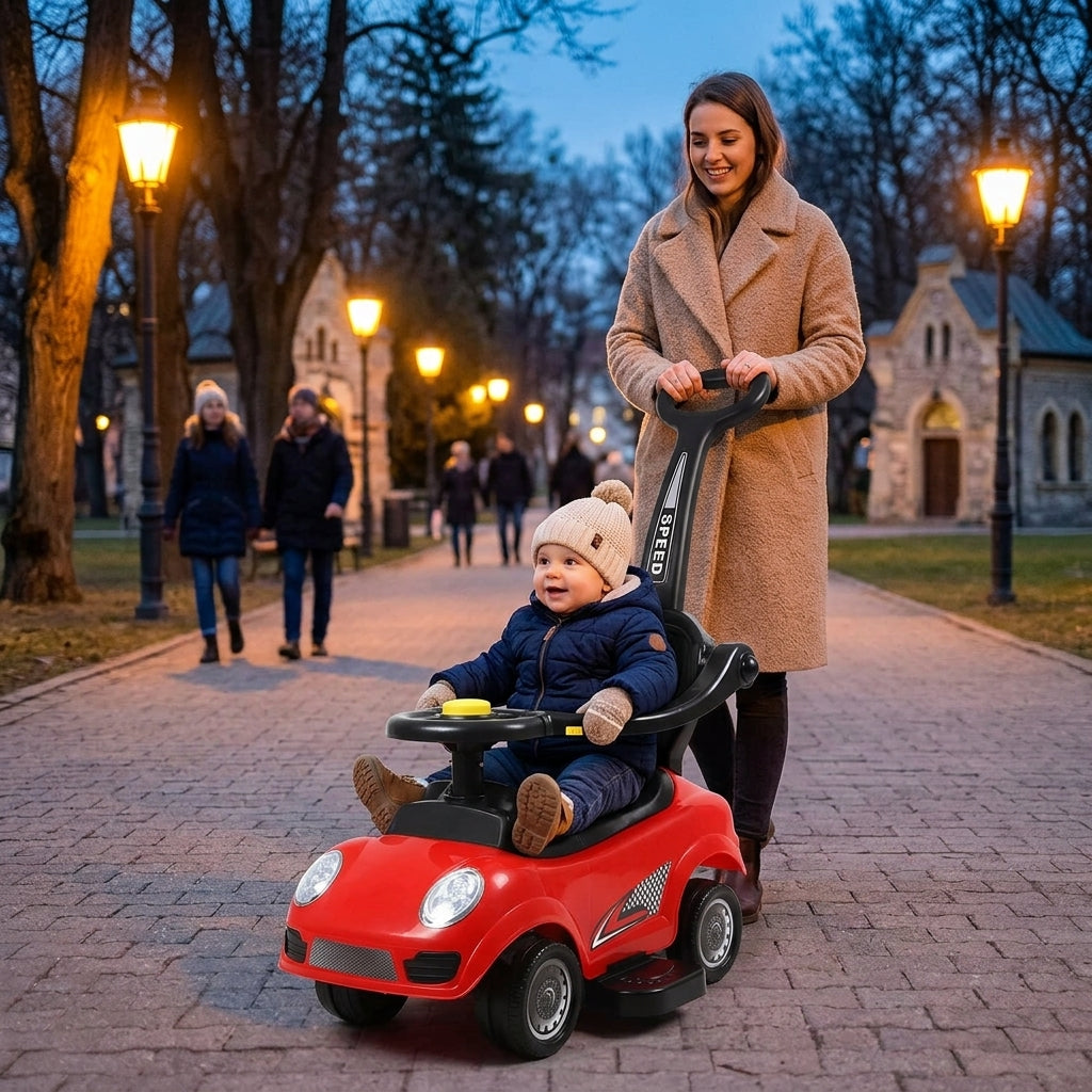 Auto guralica crvena sa roditeljskom ručkom tokom večernje šetnje u osvetljenom parku