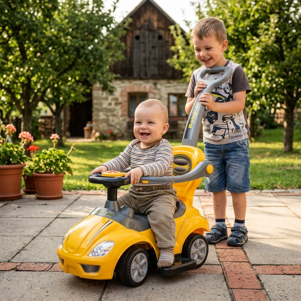 Auto guralica žuta sa ručkom u bakinom dvorištu gde se deca igraju zajedno