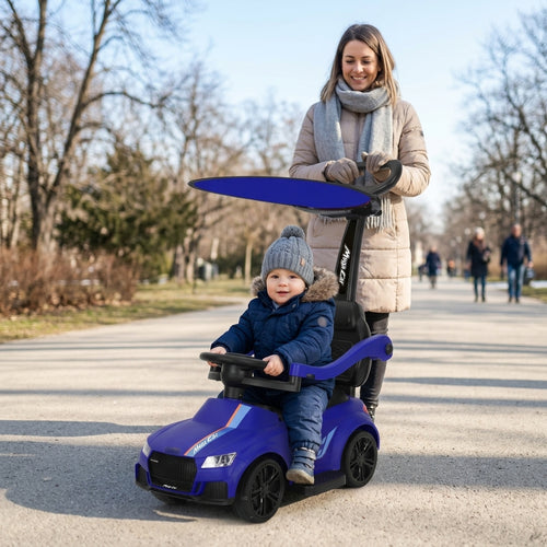 Auto guralica plava sa tendom i ručkom tokom zimske šetnje u parku sa majkom i bebom