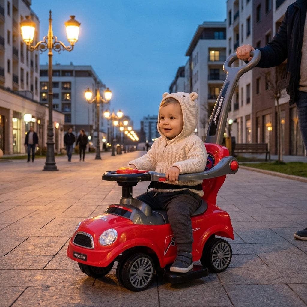 Auto guralica crvena sa naslonom i ručkom tokom večernje vožnje pod uličnim svetiljkama