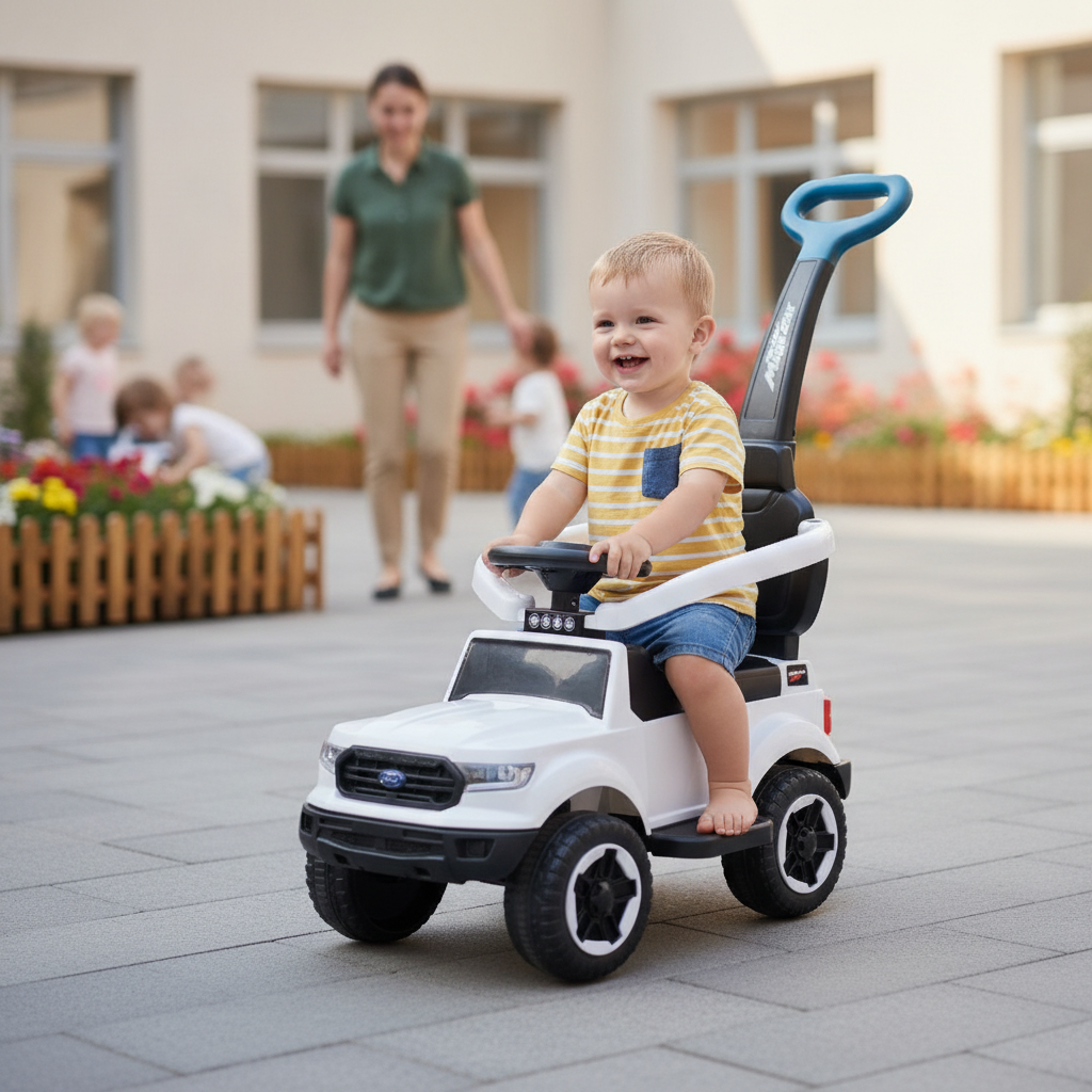 Auto guralica sa ručkom bela u dvorištu vrtića dok se dete samostalno odguruje