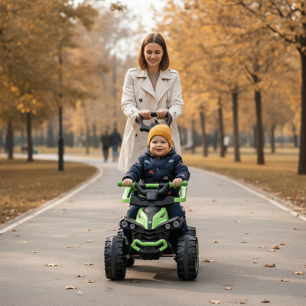 Kvad guralica sa ručkom zelene boje tokom šetnje sa mamom i detetom u parku