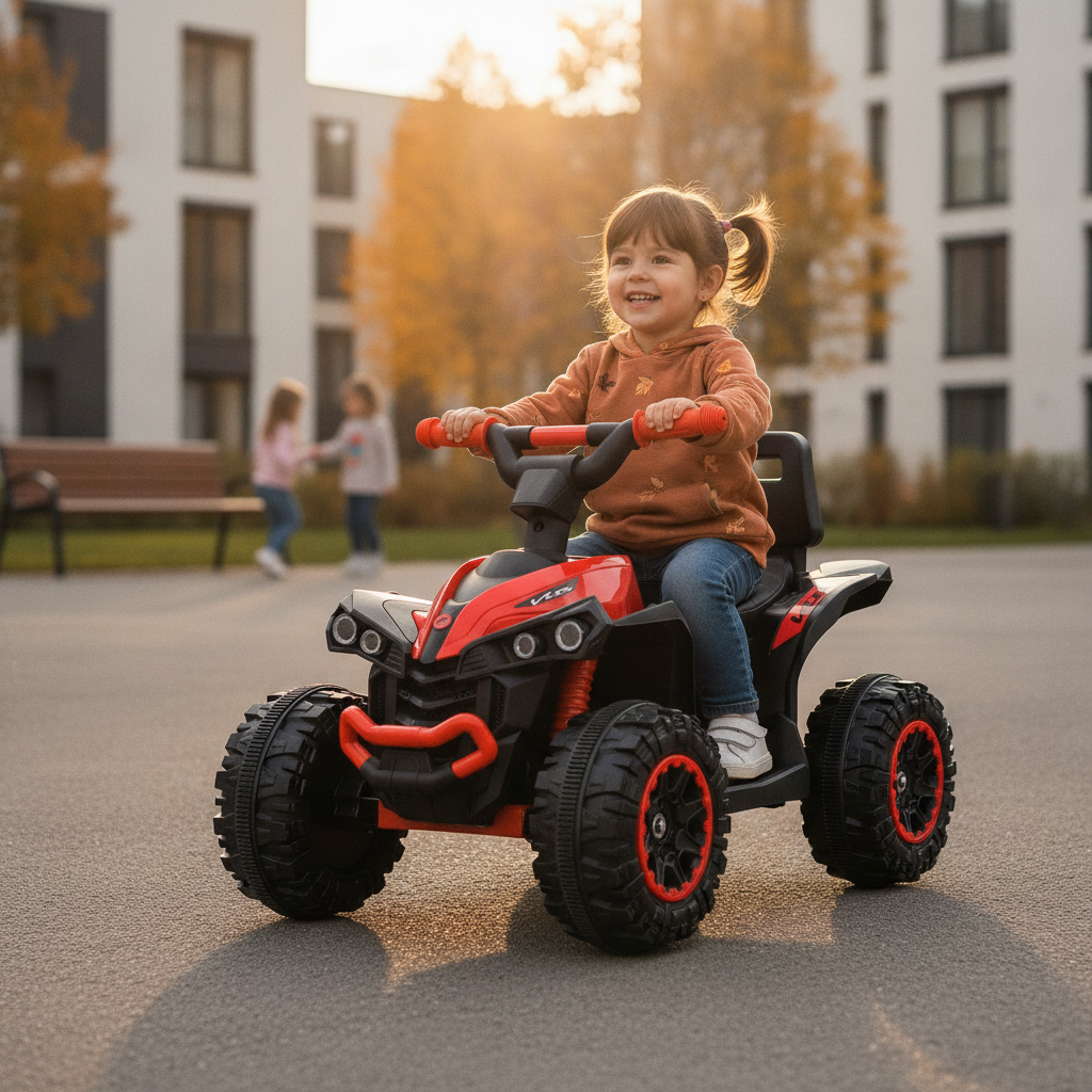 Igračka motor kvad crveni na asfaltiranom platou ispred zgrade