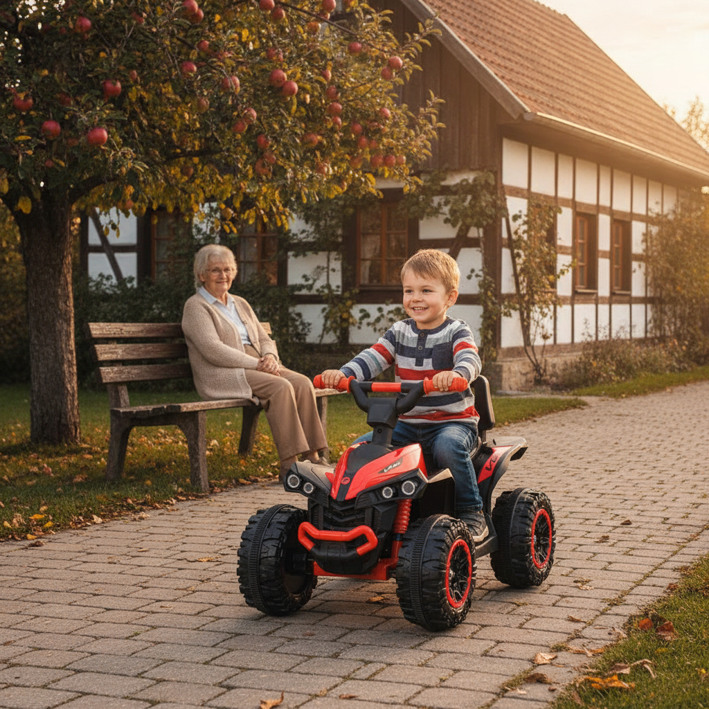 Igračka motor kvad crveni u dvorištu porodične kuće