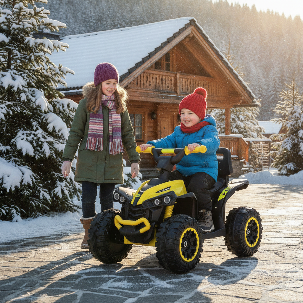 Igračka motor kvad sa muzikom koji vozi dečak ispred planinske vikendice na zimskom jutarnjem suncu