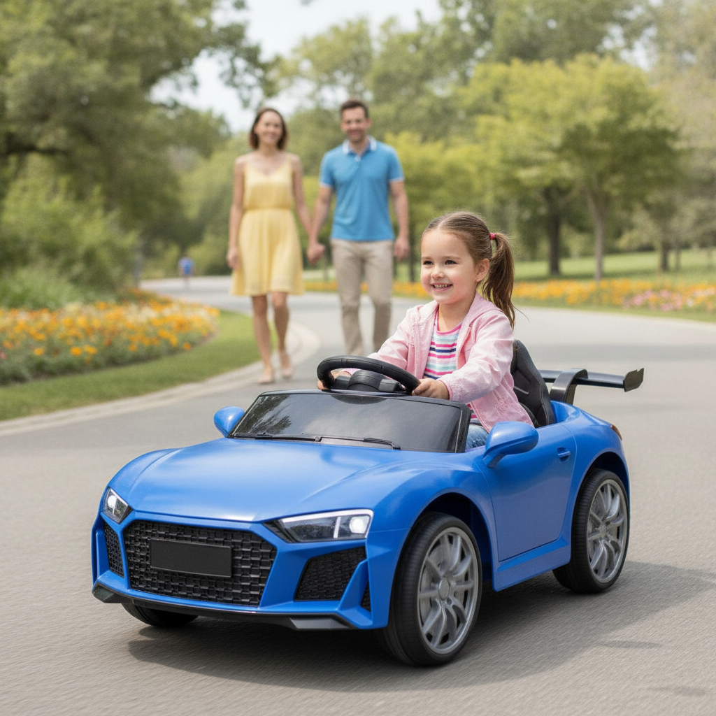 Auto na akumulator sa svetlom devojčica vozi u parku tokom porodičnog vikend izleta