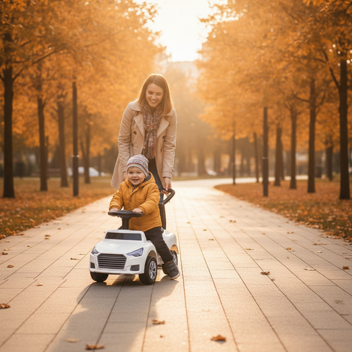 Auto guralica bela sa svetlom koju dečak vozi u parku tokom jeseni