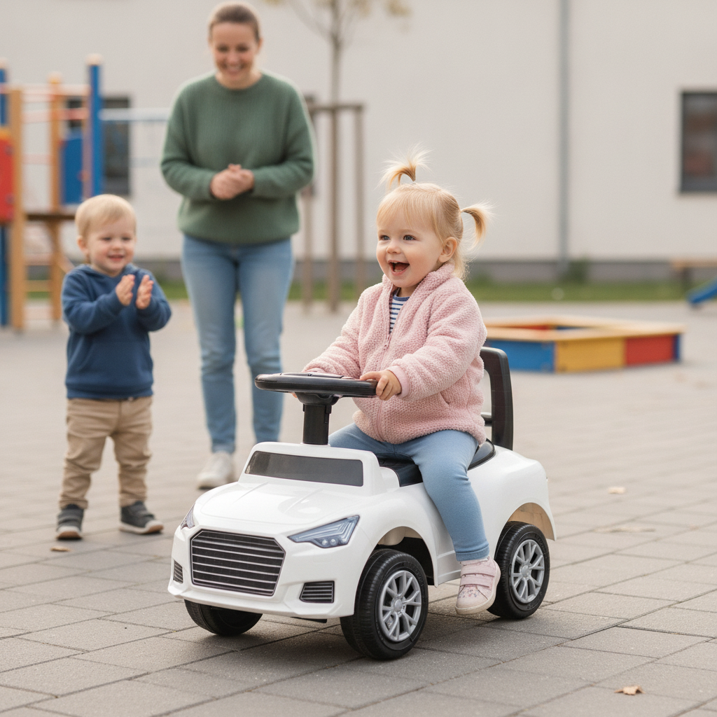Auto guralica bela sa svetlom na platou vrtića sa decom