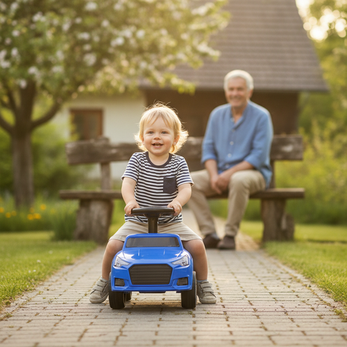 Auto guralica plava koju vozi malo dete po stazi u dvorištu vikendice dok ga posmatra deka