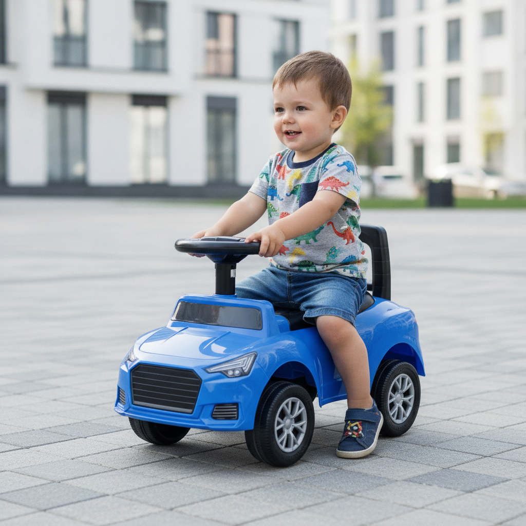 Auto guralica plava parkirana na platou dok dete od dve i po godine sedi na njoj i drži volan