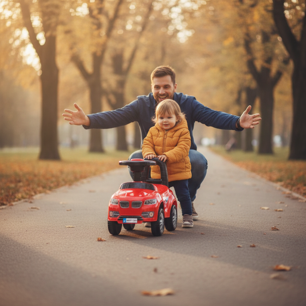 Auto guralica crvena koju devojčica koristi kao oslonac za prve korake u parku