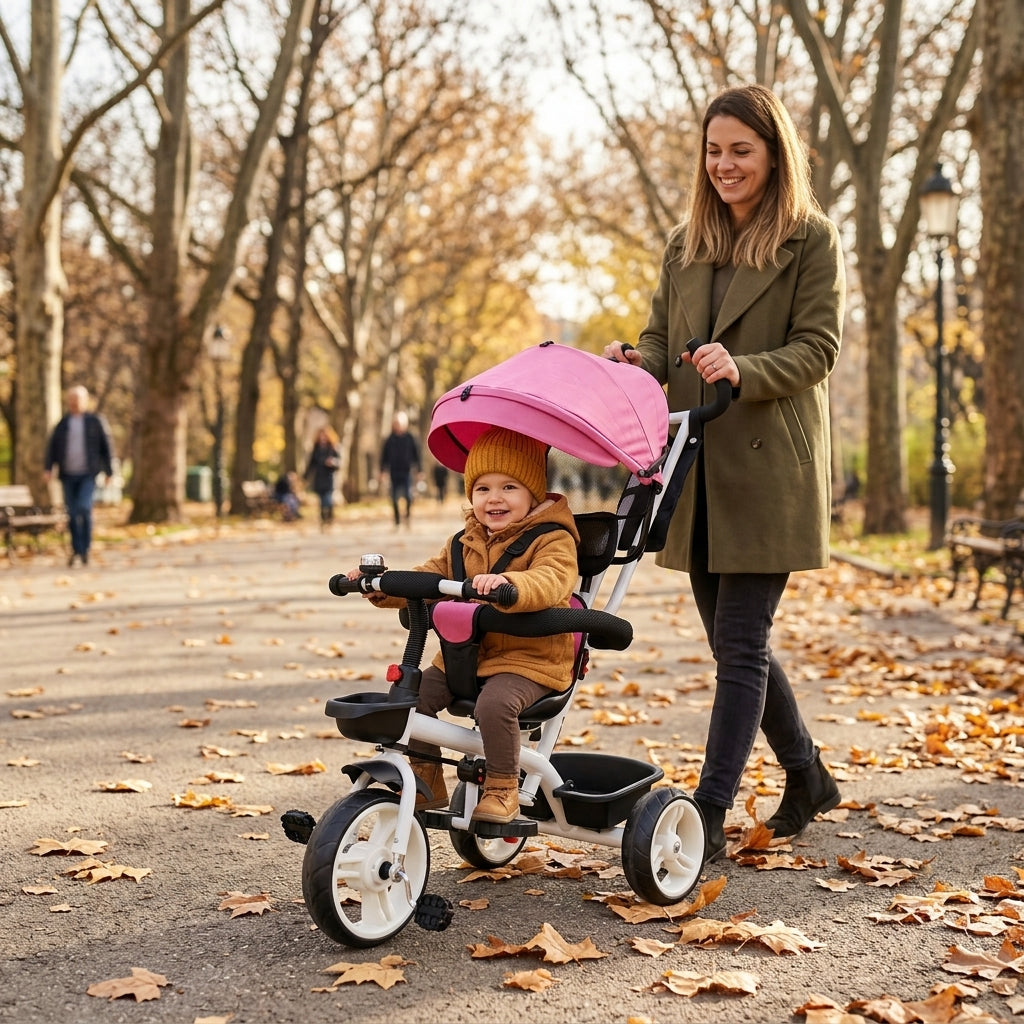Tricikl sa rotirajućim sedištem roze u šetnji parkom sa mamom u jesen