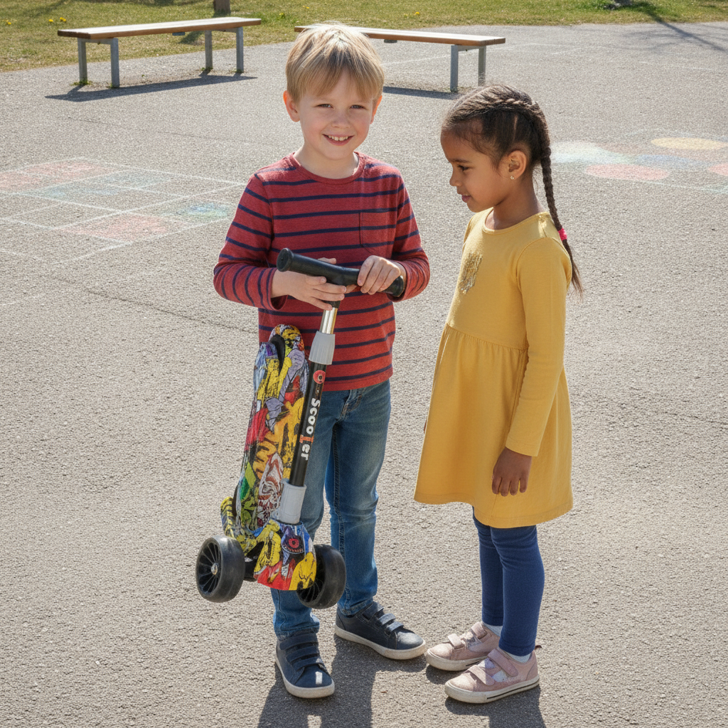 Trotinet sklopivi sklopljen u rukama dečaka u dvorištu vrtića